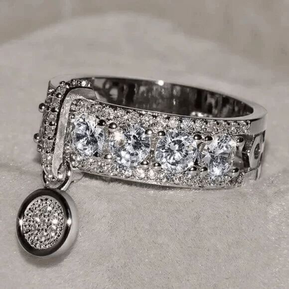 Engagement Wedding Anniversary Round Diamond Mosaic Ring With Hanging Charm - Picture 1 of 5